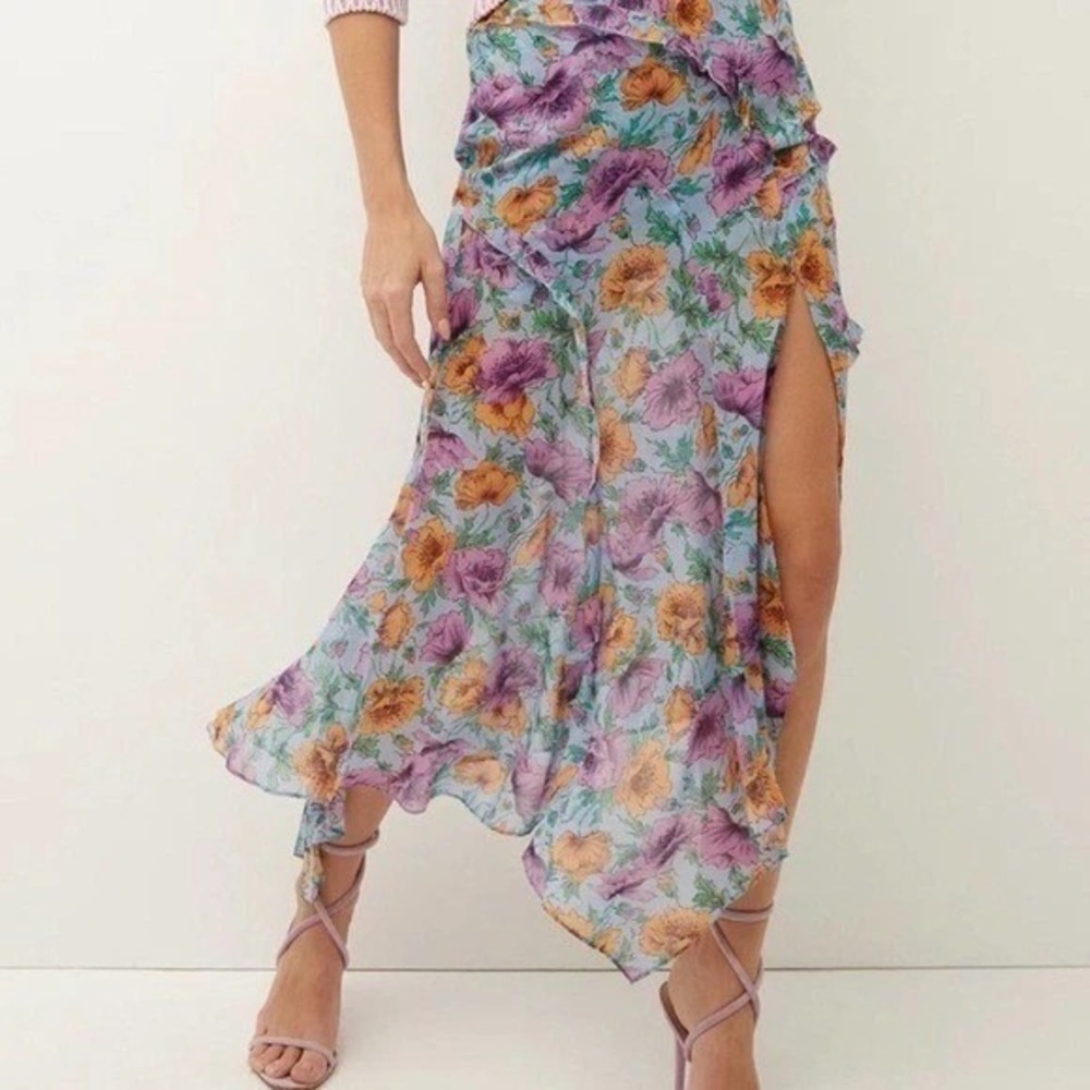 Veronica Beard Eleonora Silk Floral Print Skirt Asymmetrical Midi Blue 6 B46 - Picture 3 of 12